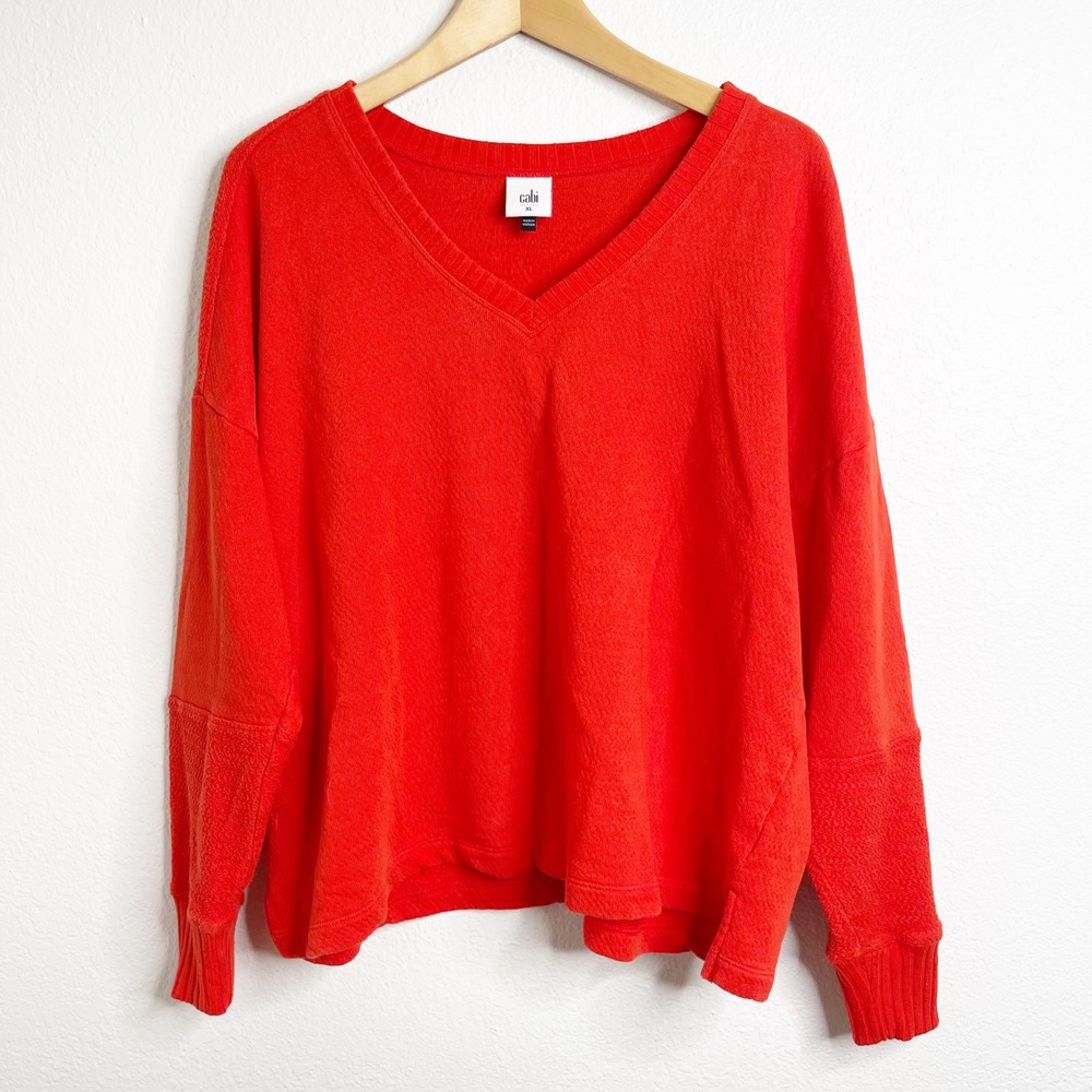 Cabi Red Orange V-Neck Relaxed Fit Pullover Sweater Women XL Contrast Texture